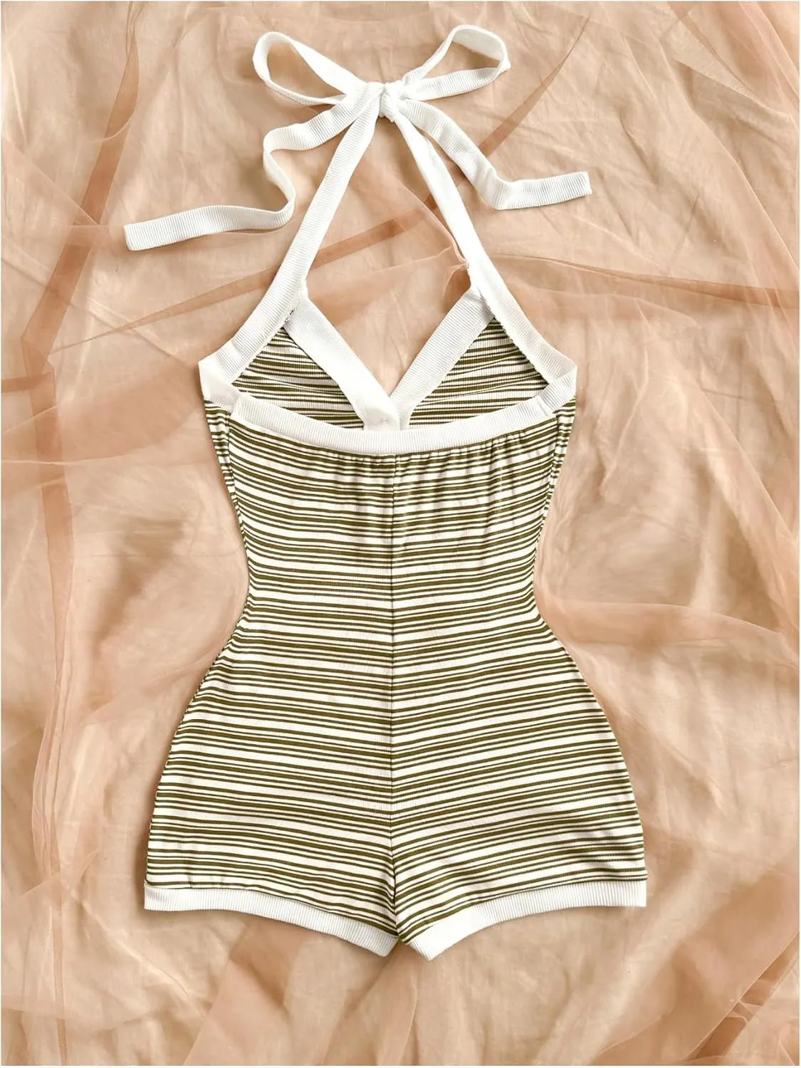 Verdusa Women's Striped Halter One Piece Summer Shorts Romper Button Up Bodycon Jumpsuit