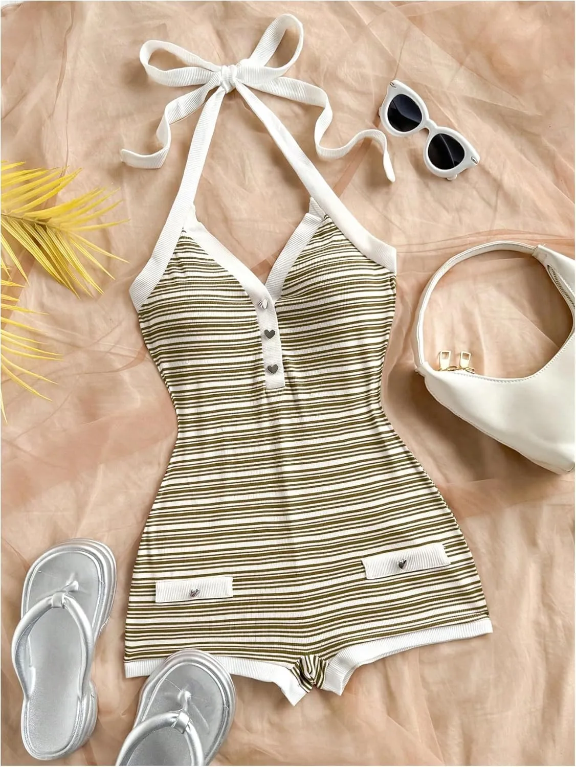 Verdusa Women's Striped Halter One Piece Summer Shorts Romper Button Up Bodycon Jumpsuit
