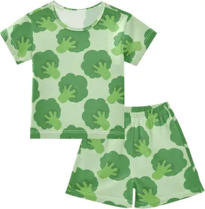 VIGTRO Pajamas Set Short Sleeve Summer Sleepwear Short Sets Broccoli Cabbage Pattern Printed, Soft 2 Piece Short Pjs Set Size 14Y