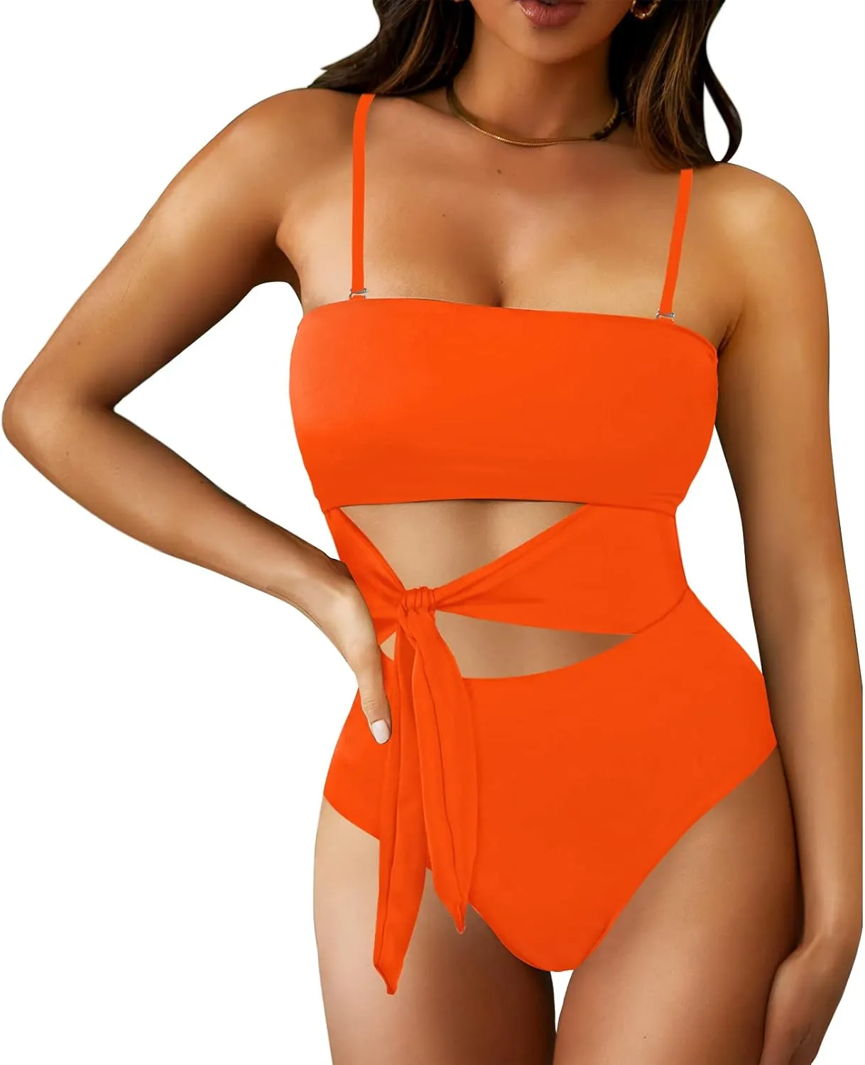 Viottiset Women's Bandeau One Piece Swimsuit Strapless Tie High Cut Out Bathing Suit
