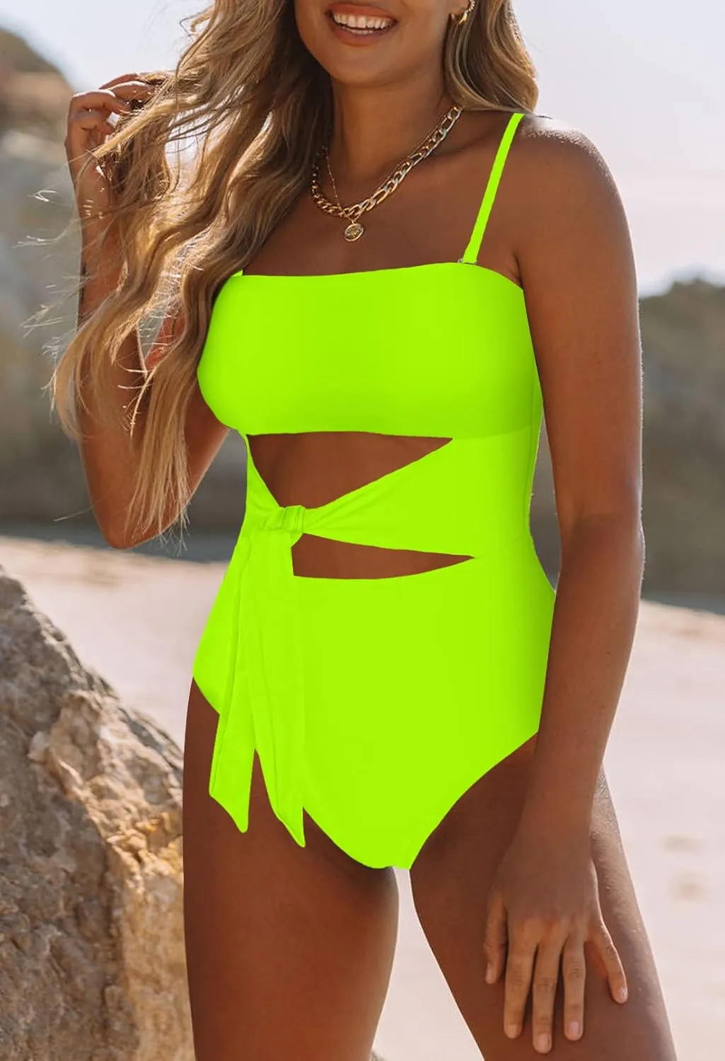 Viottiset Women's Bandeau One Piece Swimsuit Strapless Tie High Cut Out Bathing Suit