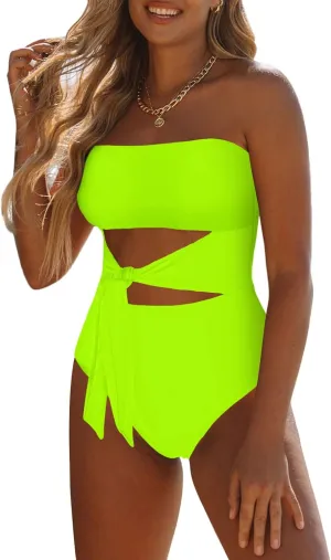 Viottiset Women's Bandeau One Piece Swimsuit Strapless Tie High Cut Out Bathing Suit