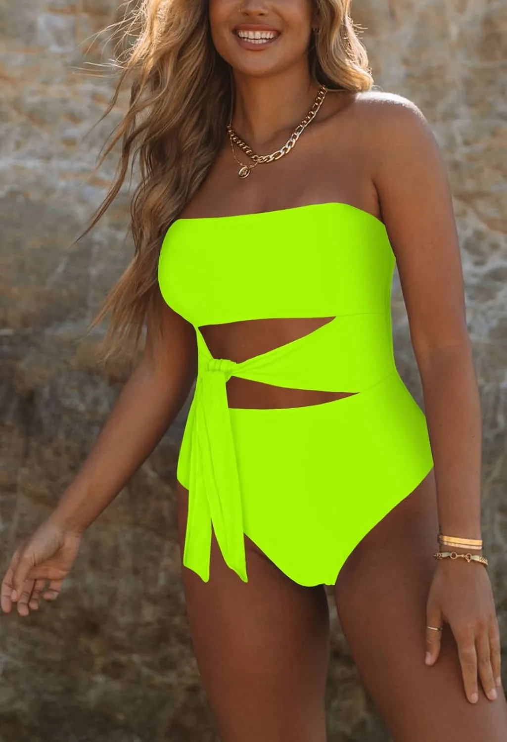 Viottiset Women's Bandeau One Piece Swimsuit Strapless Tie High Cut Out Bathing Suit