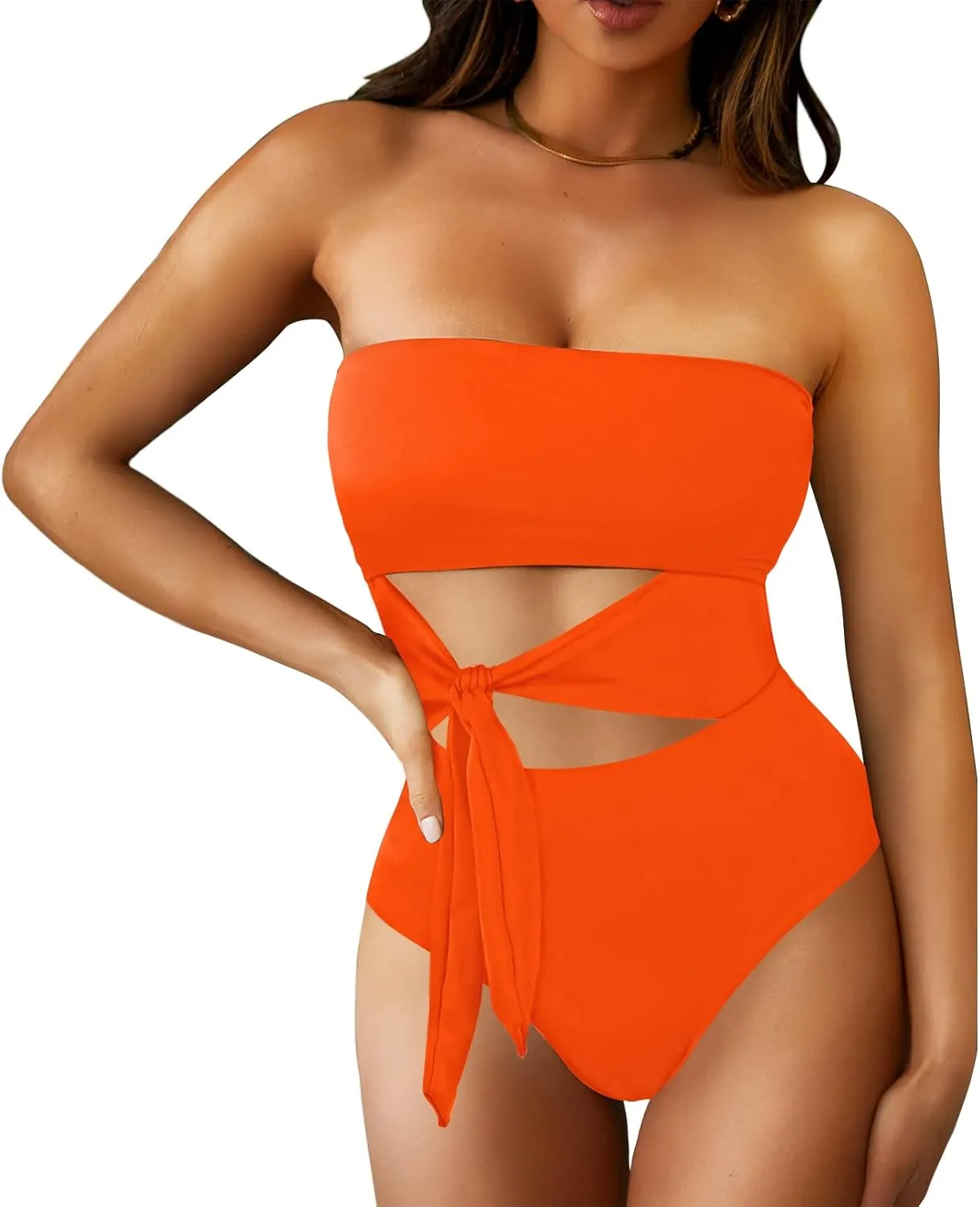 Viottiset Women's Bandeau One Piece Swimsuit Strapless Tie High Cut Out Bathing Suit
