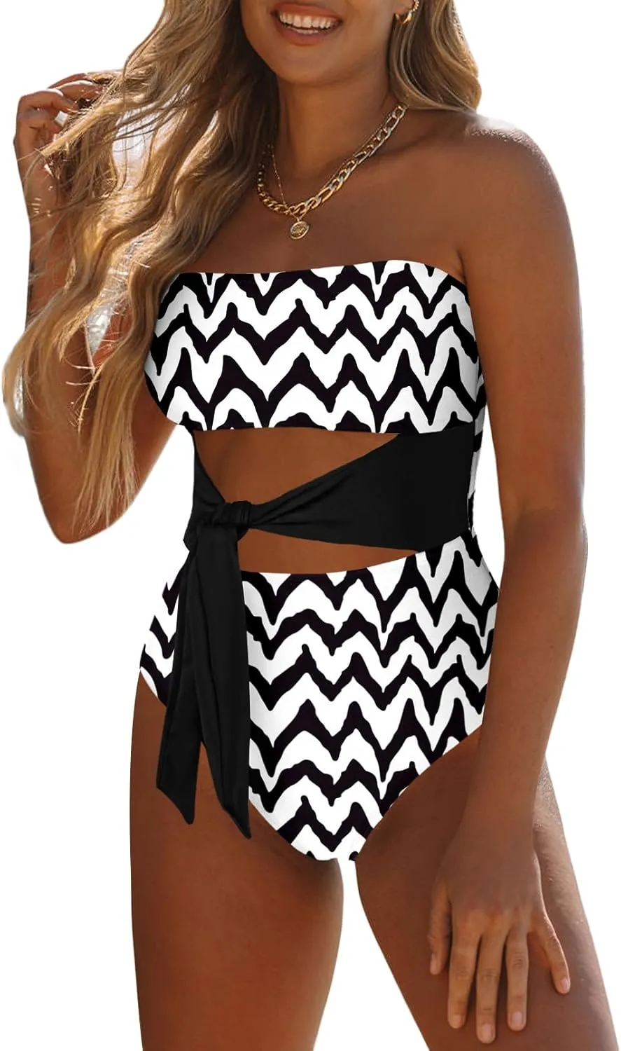 Viottiset Women's Bandeau One Piece Swimsuit Strapless Tie High Cut Out Bathing Suit