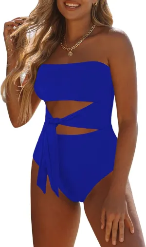 Viottiset Women's Bandeau One Piece Swimsuit Strapless Tie High Cut Out Bathing Suit