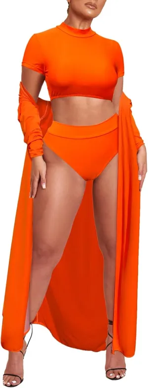 Viottiset Women's Printed 3 Pieces High Waist Bikini Maxi Swimsuit Cover up