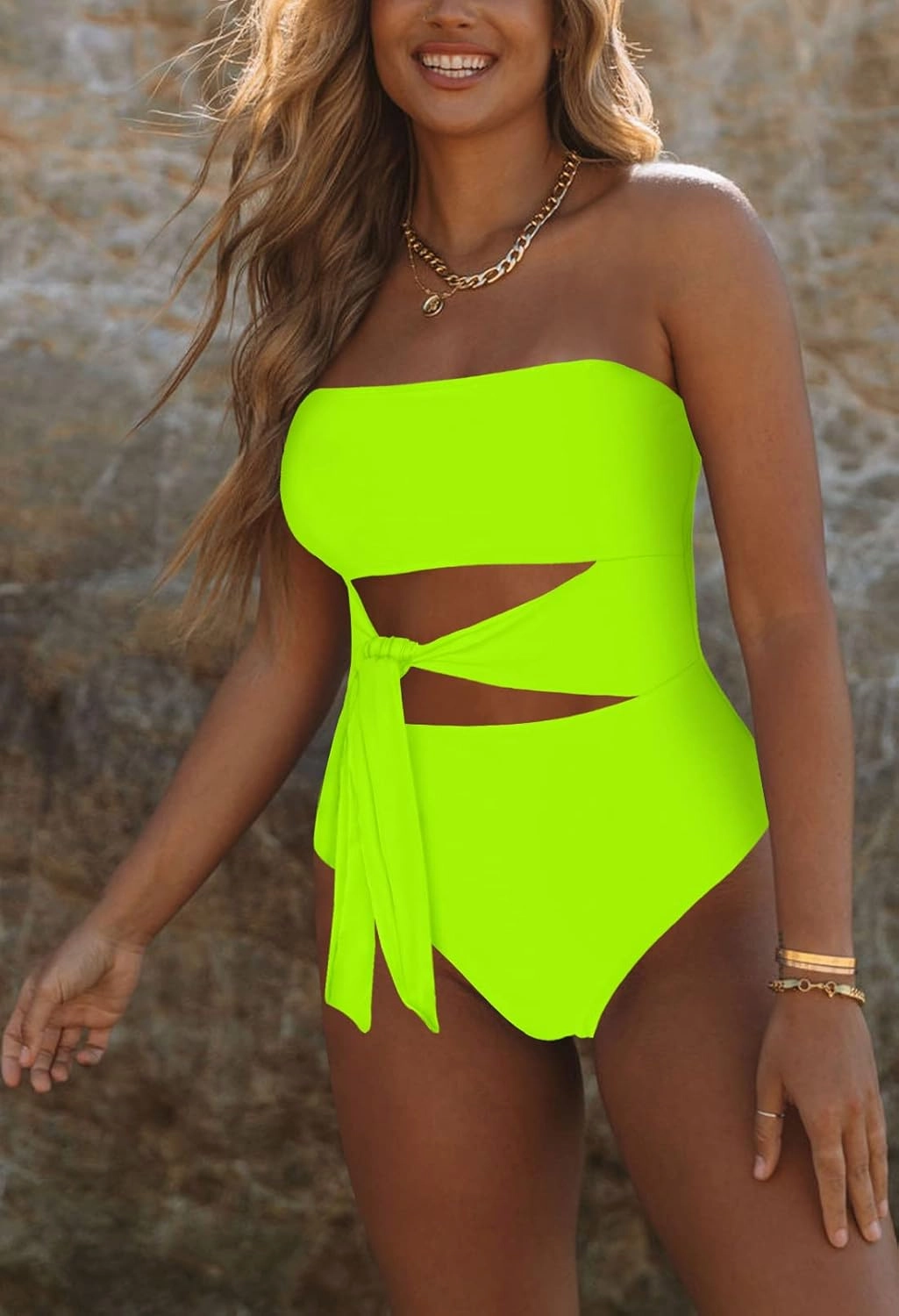 Viottiset Women's Bandeau One Piece Swimsuit Strapless Tie High Cut Out Bathing Suit