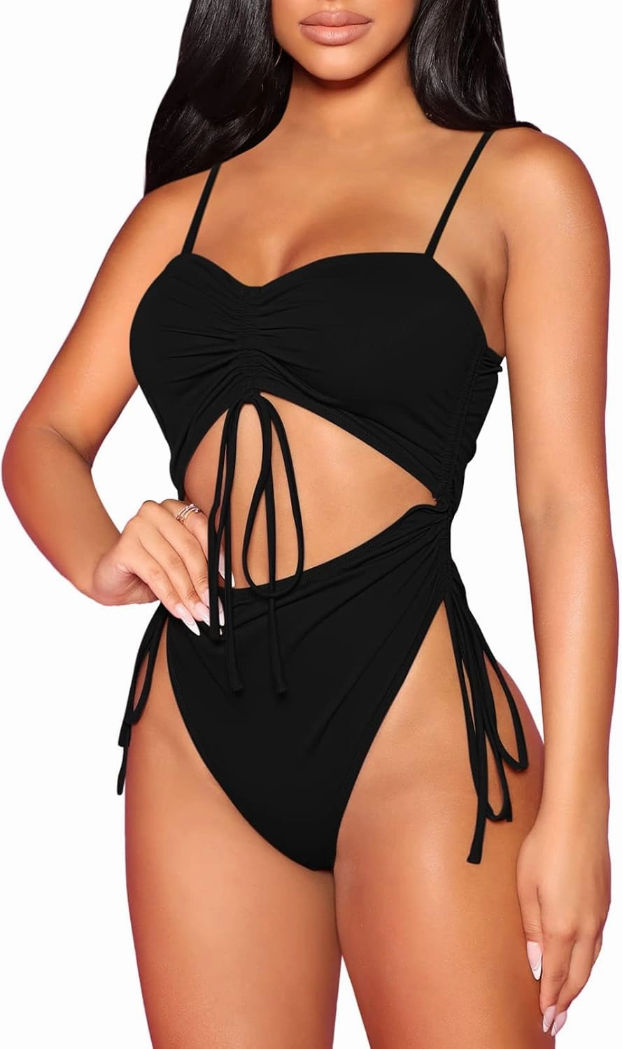 Viottiset Women's Cut Out Drawstring One Piece Swimsuit Cheeky High Cut Bathing Suit