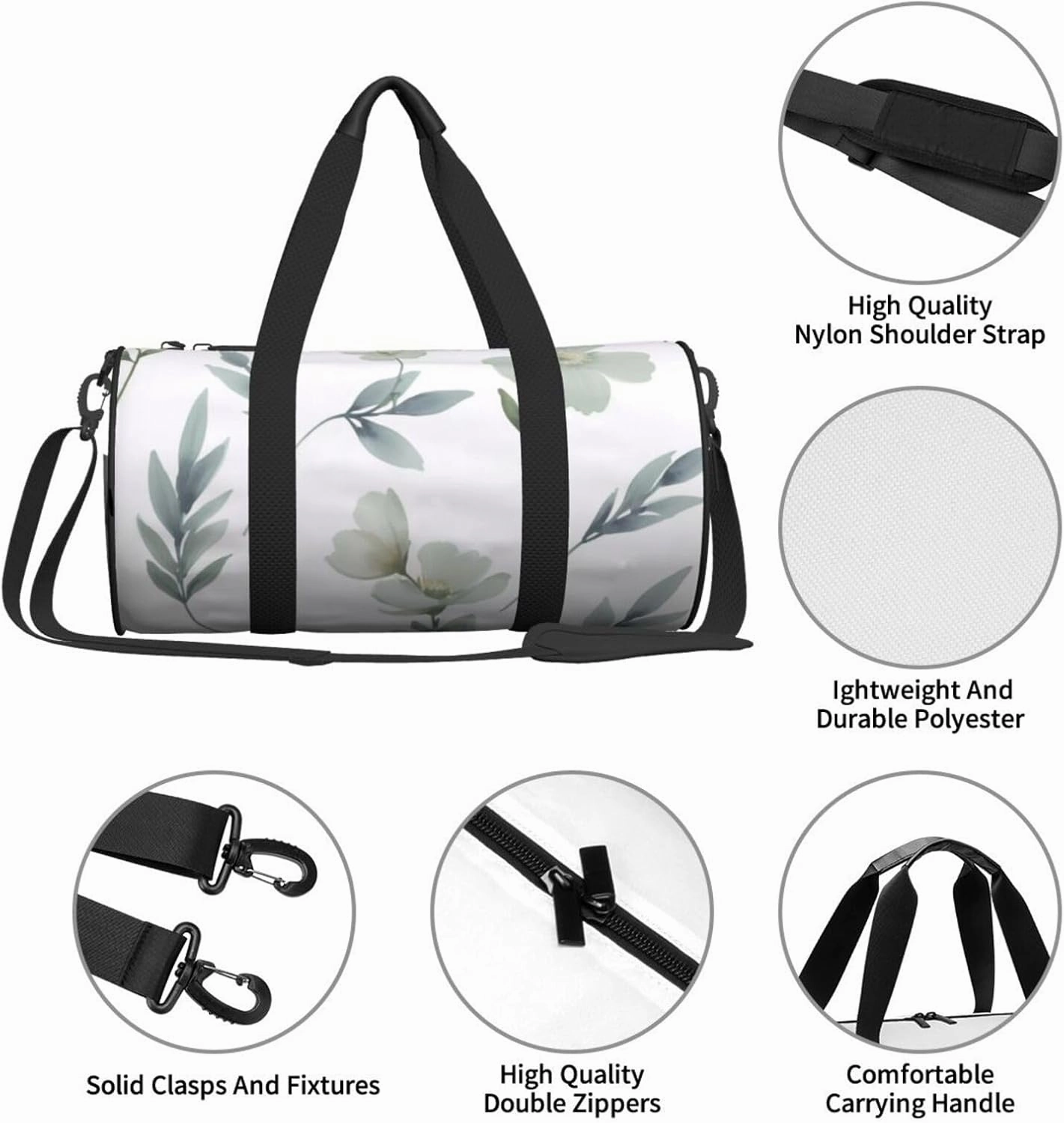 White Natural Greenery Twig Printed Travel Bag,Round Personal Item Storage bag,Foldie Duffel Bag for Traveling Vacation,Fitness,Sports