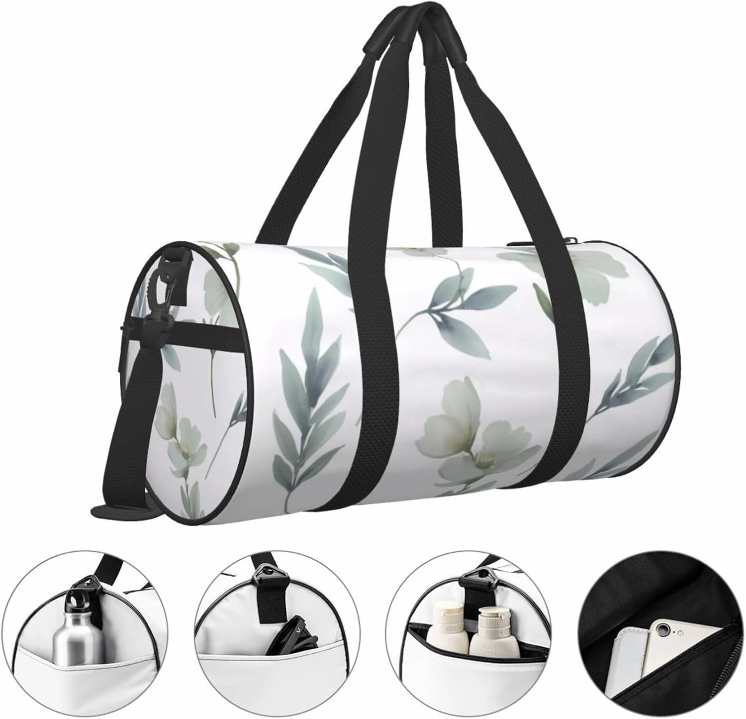 White Natural Greenery Twig Printed Travel Bag,Round Personal Item Storage bag,Foldie Duffel Bag for Traveling Vacation,Fitness,Sports
