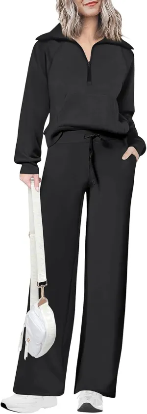 Women 2 Piece Half Zip Sweatsuit Fall Outfits 2024 Casual Sweatshirt Wide Leg Sweatpants Matching Lounge Set Tracksuit