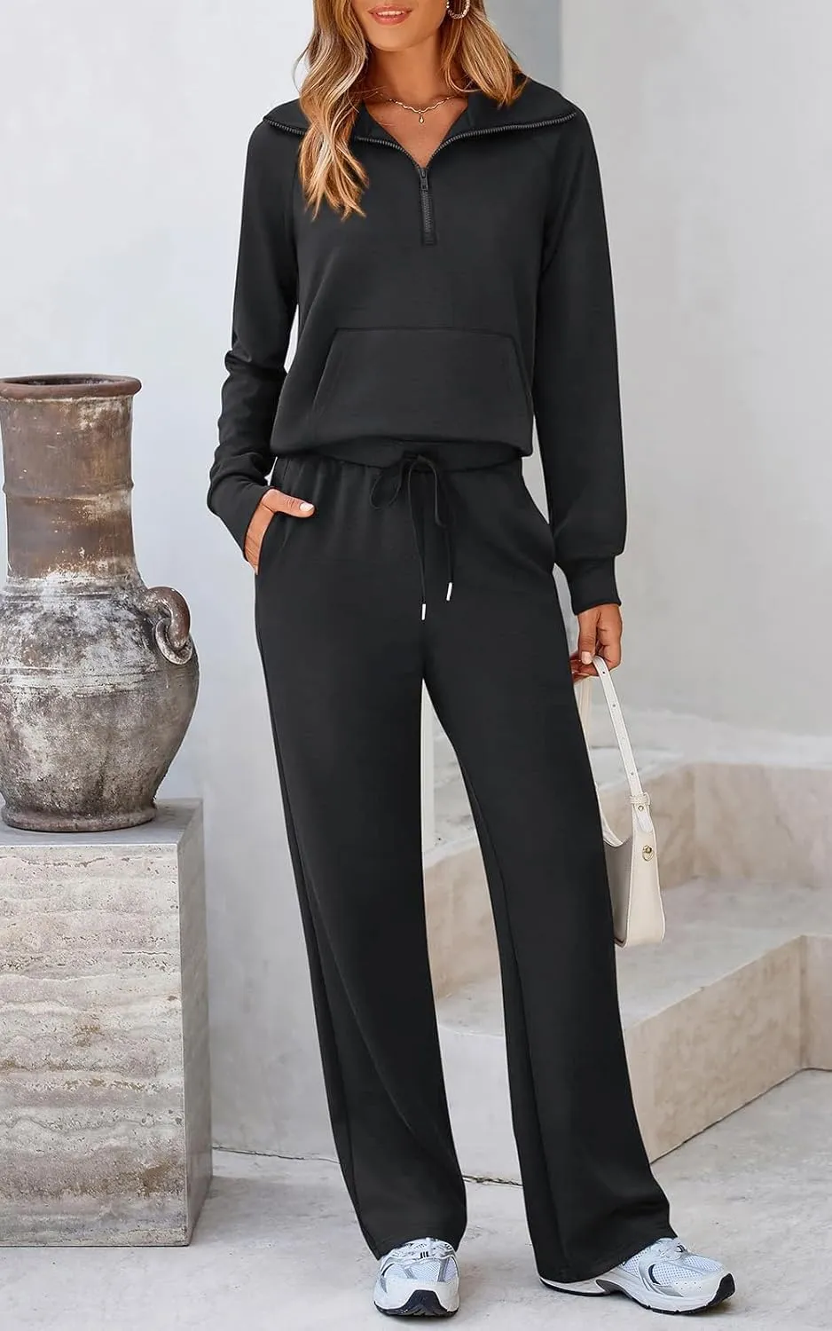 Women 2 Piece Half Zip Sweatsuit Fall Outfits 2024 Casual Sweatshirt Wide Leg Sweatpants Matching Lounge Set Tracksuit