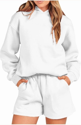 Women 2 Piece Clothing Set Fall Fashion Pullover Long Sleeve Hooded Sweatshirt Matching Short Pants Suit
