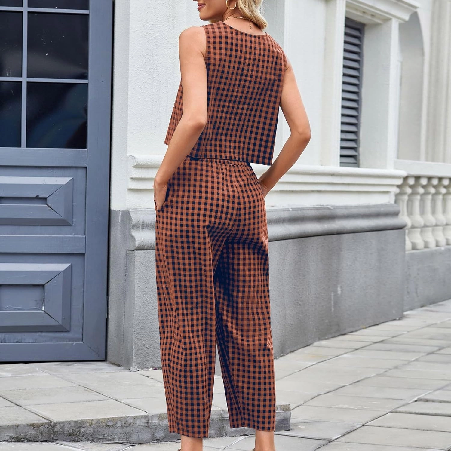 Women 2 Piece Summer Outfit Plaid Lounge Wear Sets Sleeveless Crop Tank Tops and Long Pant Set with Pocket Tracksuit