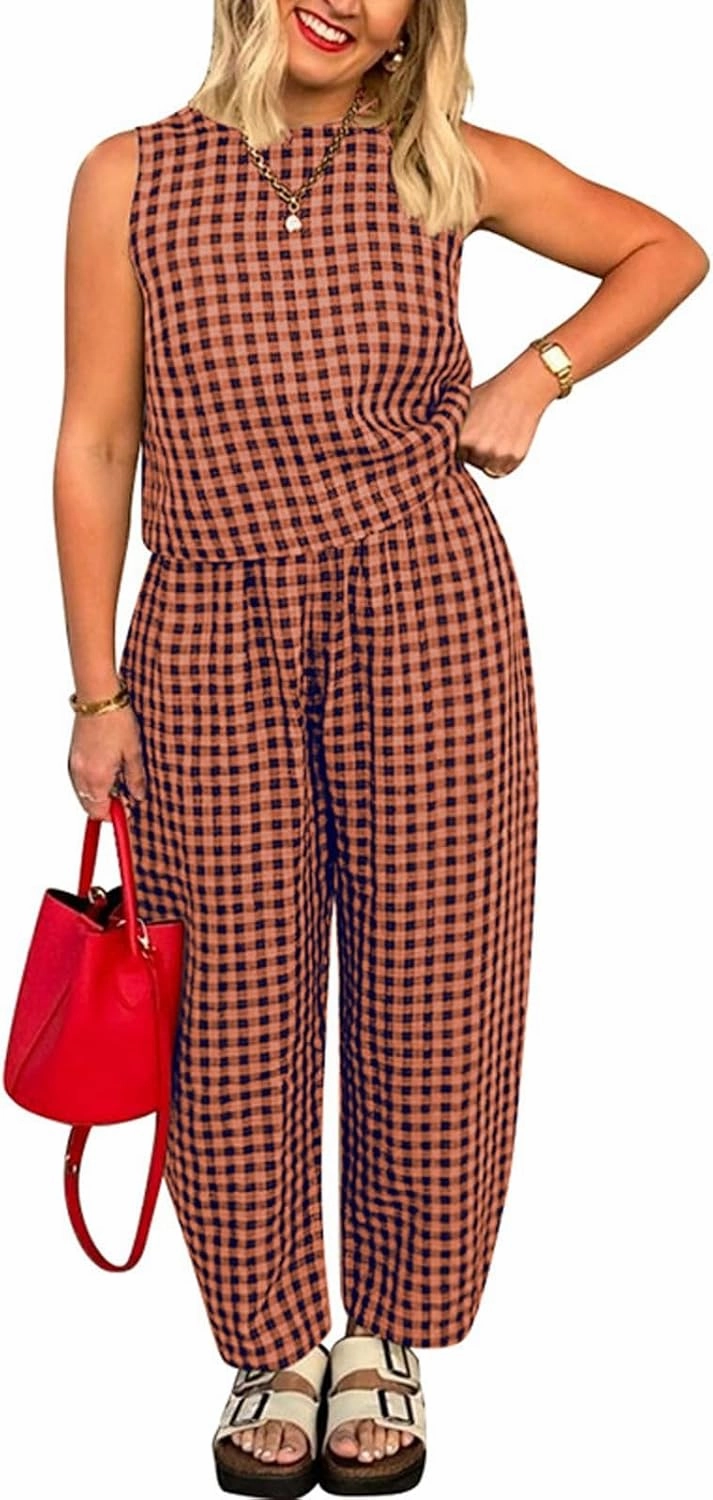 Women 2 Piece Summer Outfit Plaid Lounge Wear Sets Sleeveless Crop Tank Tops and Long Pant Set with Pocket Tracksuit