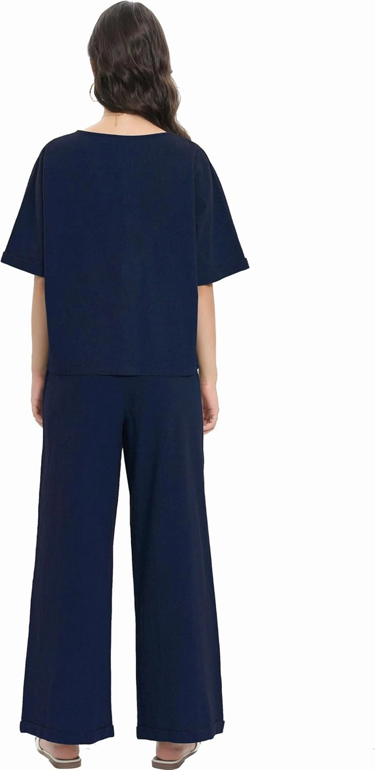 Women Cotton Linen Two Piece Outfit Loungewear Short Sleeve Top and Wide Leg Pants Lounge Set Tracksuits AU5