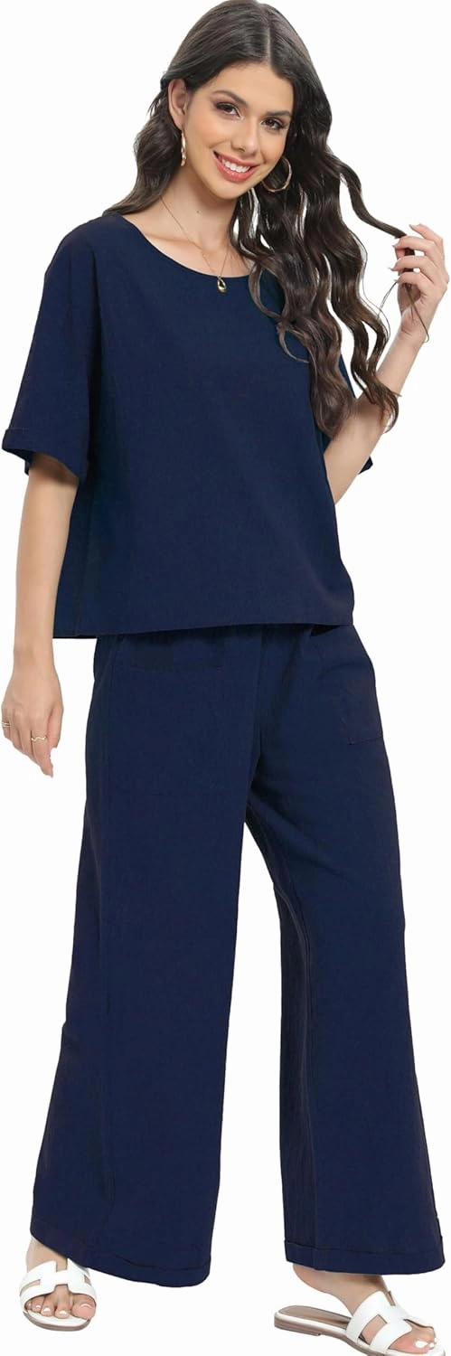 Women Cotton Linen Two Piece Outfit Loungewear Short Sleeve Top and Wide Leg Pants Lounge Set Tracksuits AU5