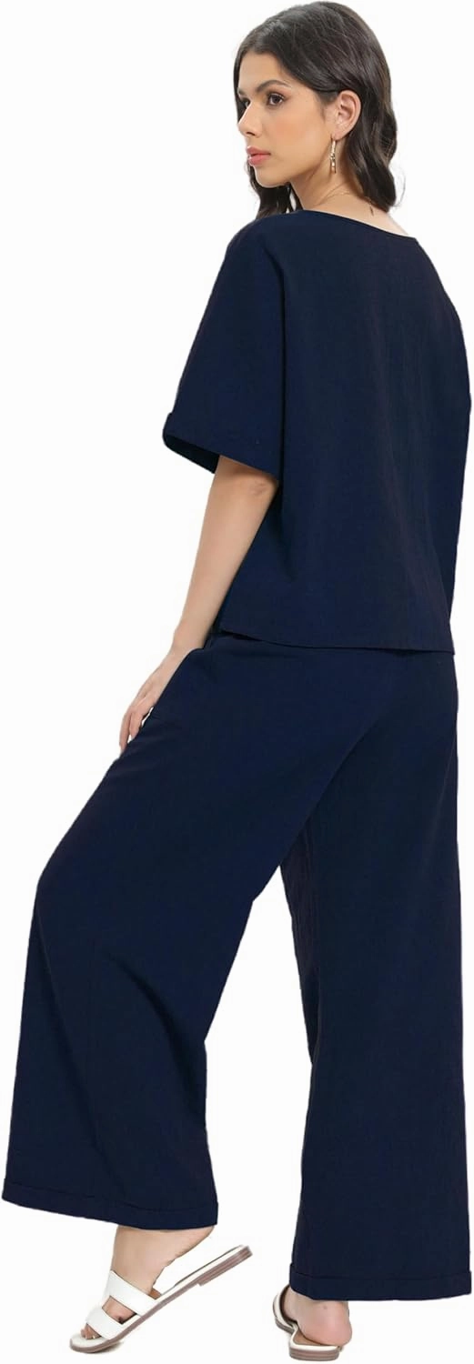 Women Cotton Linen Two Piece Outfit Loungewear Short Sleeve Top and Wide Leg Pants Lounge Set Tracksuits AU5