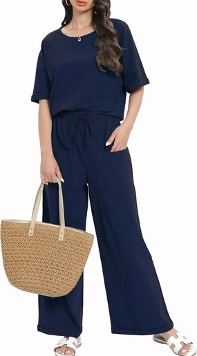 Women Cotton Linen Two Piece Outfit Loungewear Short Sleeve Top and Wide Leg Pants Lounge Set Tracksuits AU5