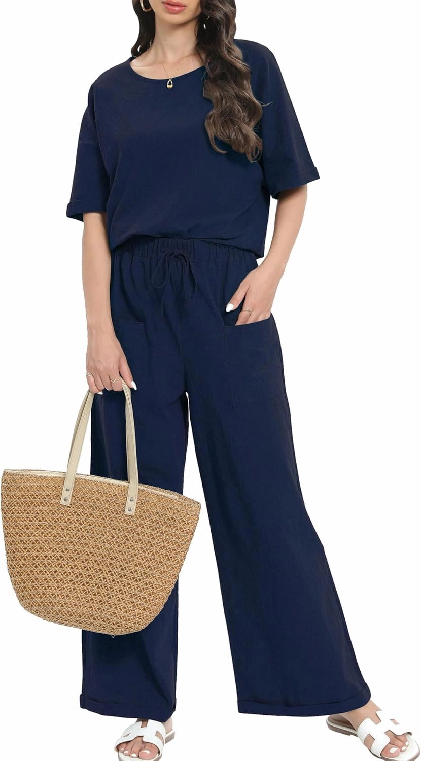 Women Cotton Linen Two Piece Outfit Loungewear Short Sleeve Top and Wide Leg Pants Lounge Set Tracksuits AU5