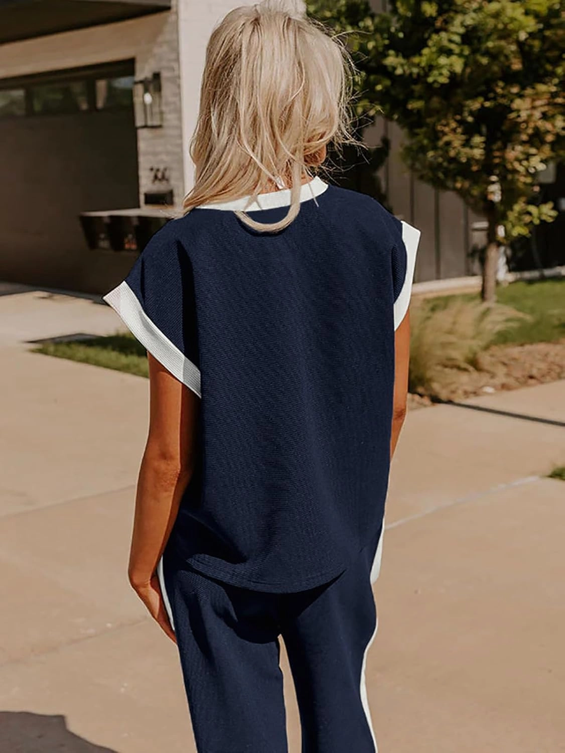 Women's 2 Piece Lounge Set Casual Travel Airport Outfits Short Sleeve Tops Matching Wide Leg Pants Tracksuit Set