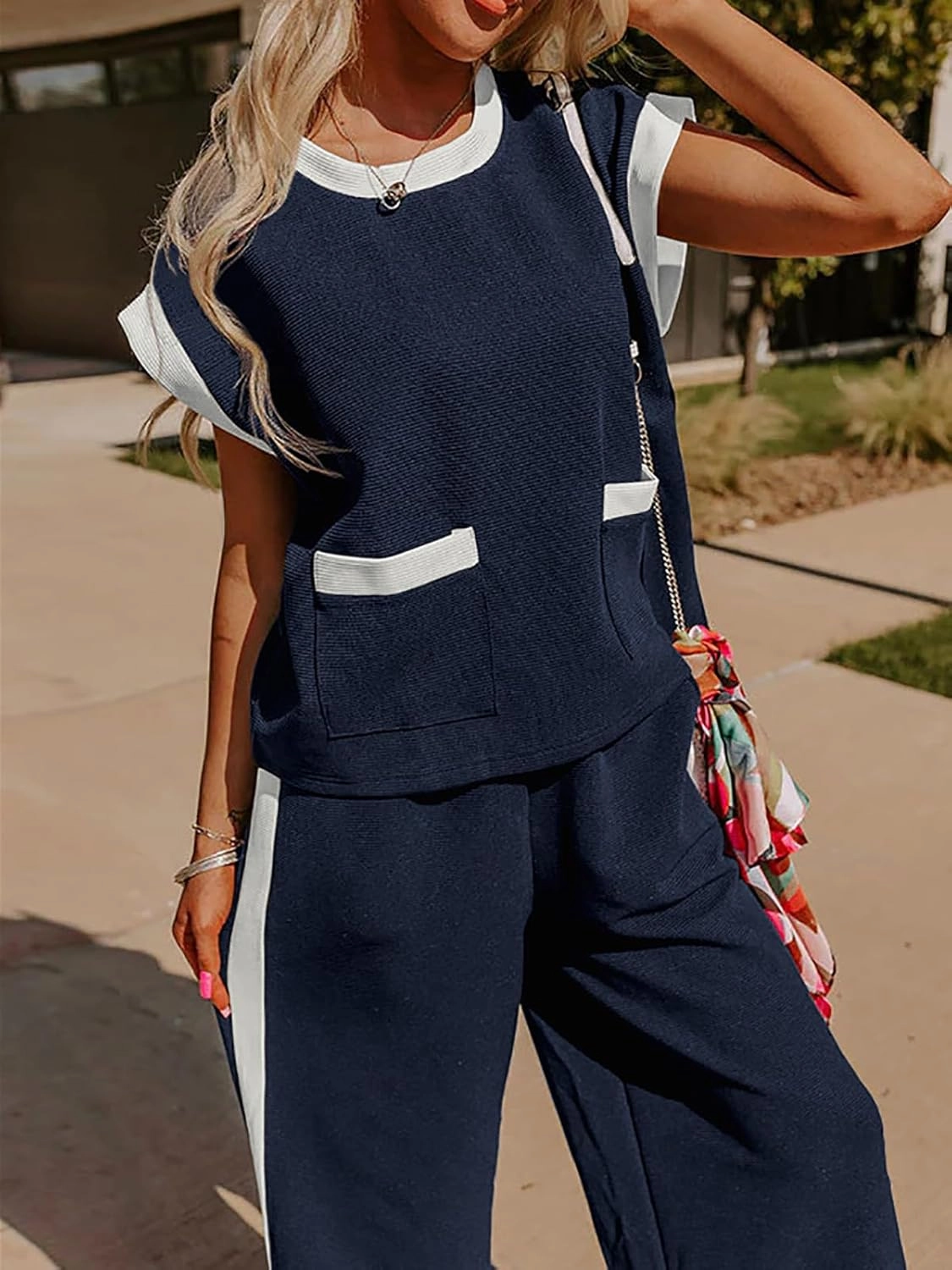 Women's 2 Piece Lounge Set Casual Travel Airport Outfits Short Sleeve Tops Matching Wide Leg Pants Tracksuit Set