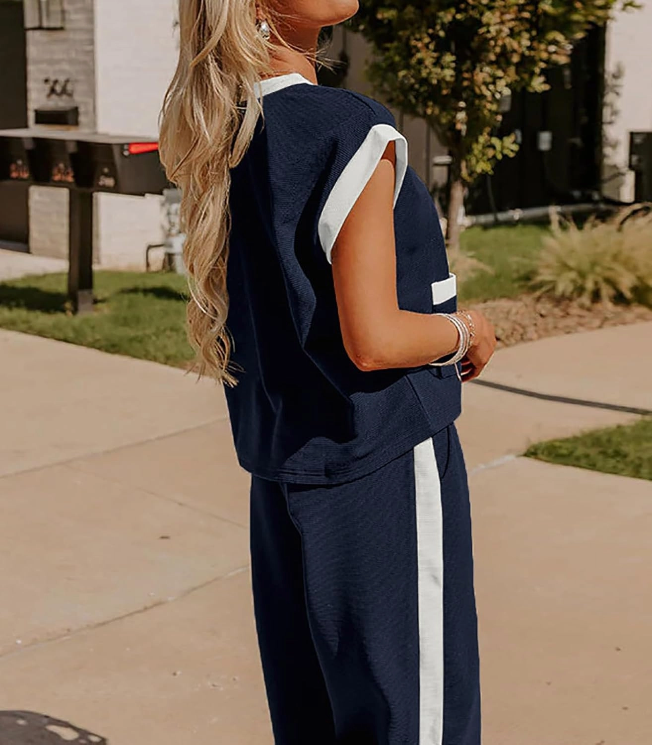 Women's 2 Piece Lounge Set Casual Travel Airport Outfits Short Sleeve Tops Matching Wide Leg Pants Tracksuit Set