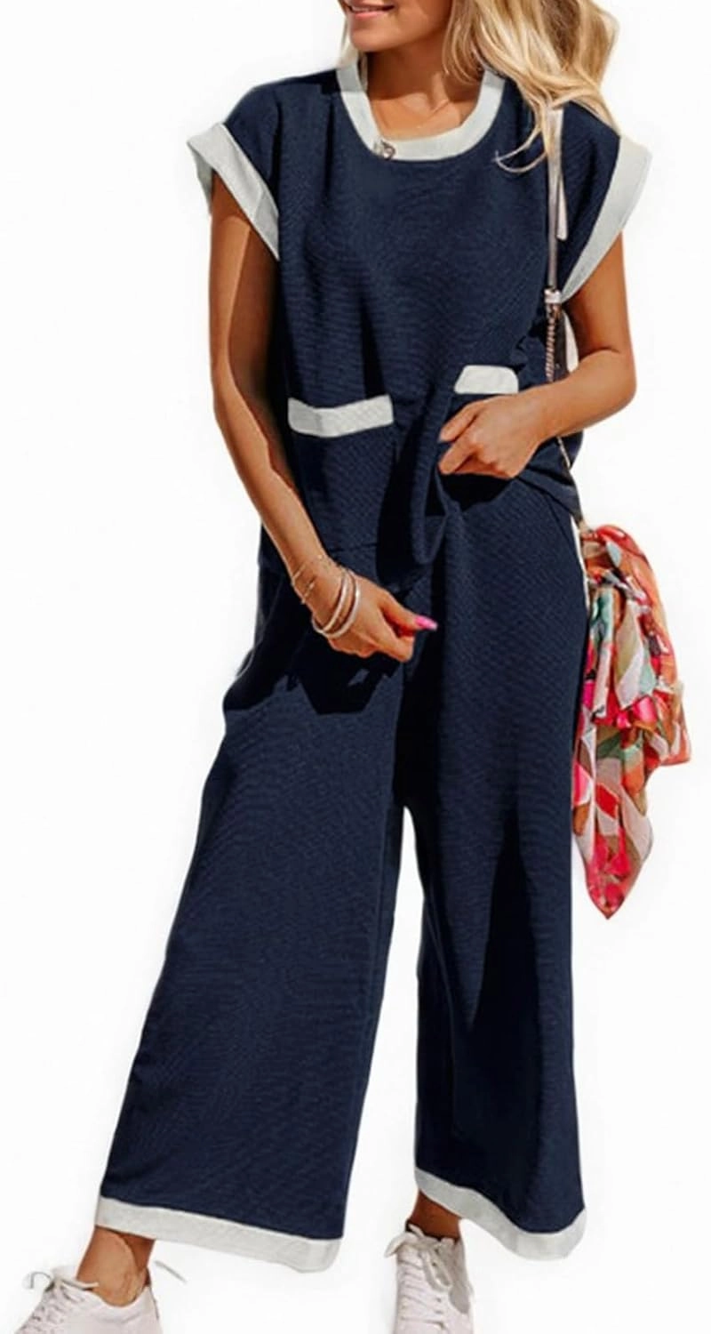 Women's 2 Piece Lounge Set Casual Travel Airport Outfits Short Sleeve Tops Matching Wide Leg Pants Tracksuit Set