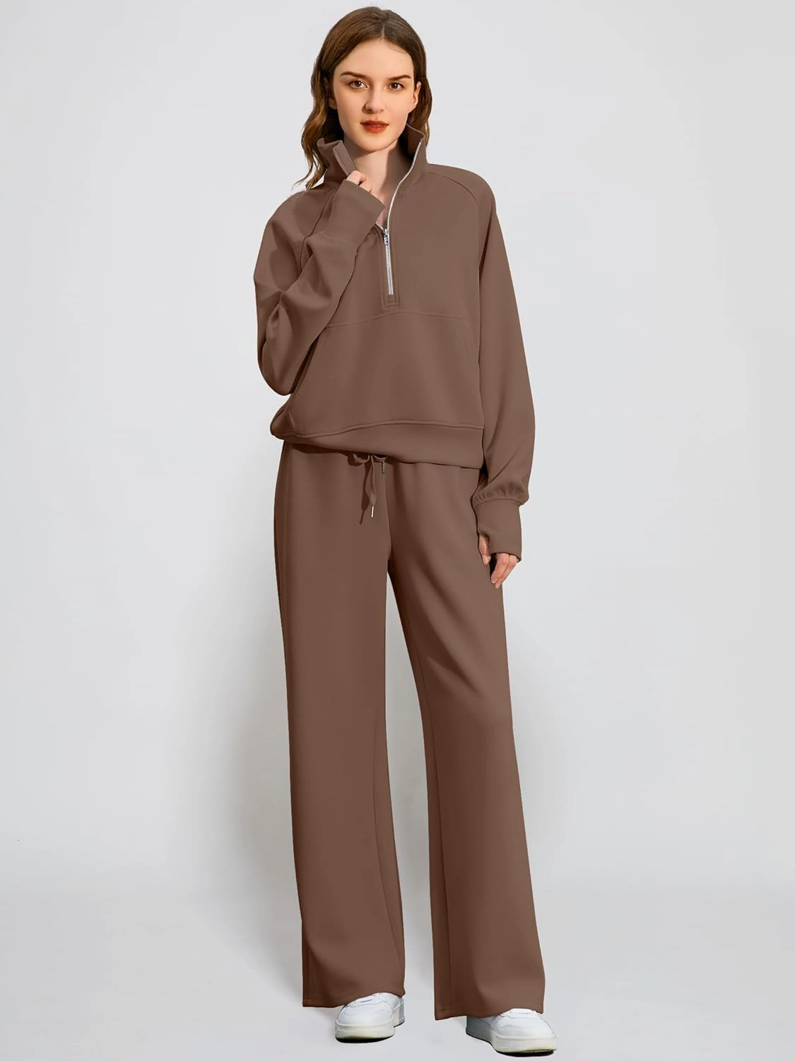 Women's 2 Piece Outfits Lounge Set 2025 Oversized Half Zip Sweatshirt Wide Leg Sweatpant Set Sweatsuit Tracksuit