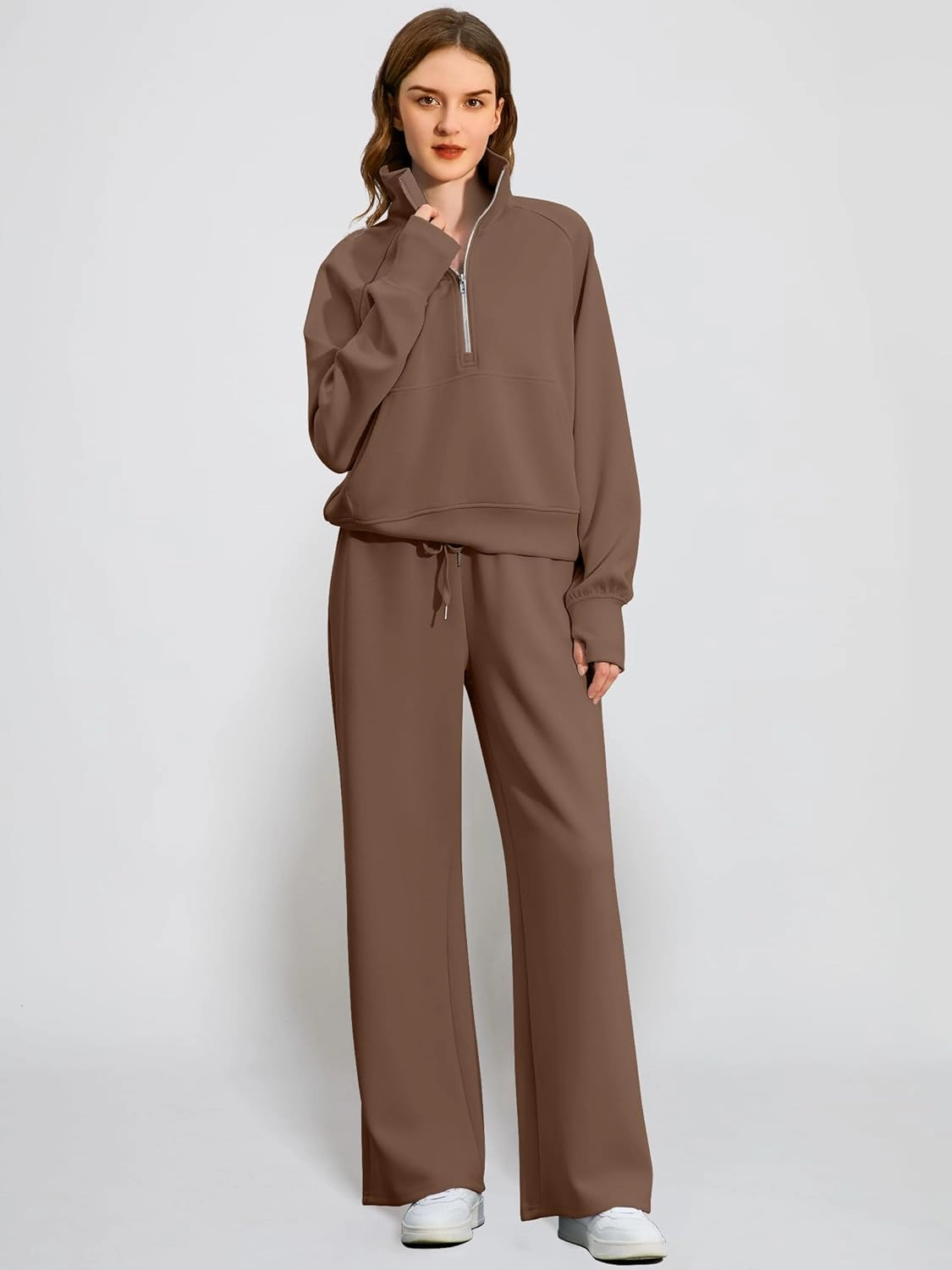 Women's 2 Piece Outfits Lounge Set 2025 Oversized Half Zip Sweatshirt Wide Leg Sweatpant Set Sweatsuit Tracksuit