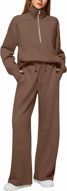 Women's 2 Piece Outfits Lounge Set 2025 Oversized Half Zip Sweatshirt Wide Leg Sweatpant Set Sweatsuit Tracksuit