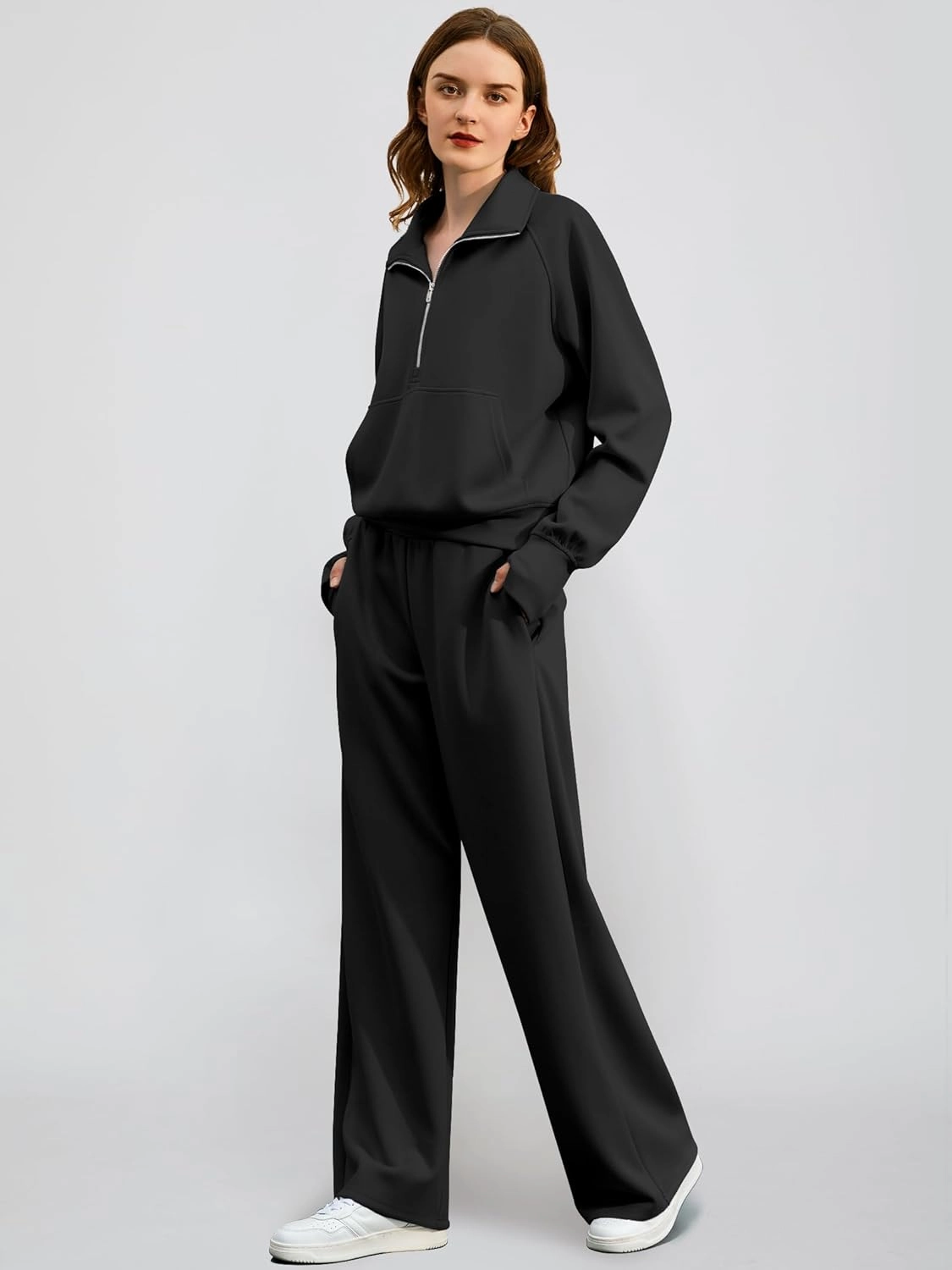 Women's 2 Piece Outfits Lounge Set 2025 Oversized Half Zip Sweatshirt Wide Leg Sweatpant Set Sweatsuit Tracksuit