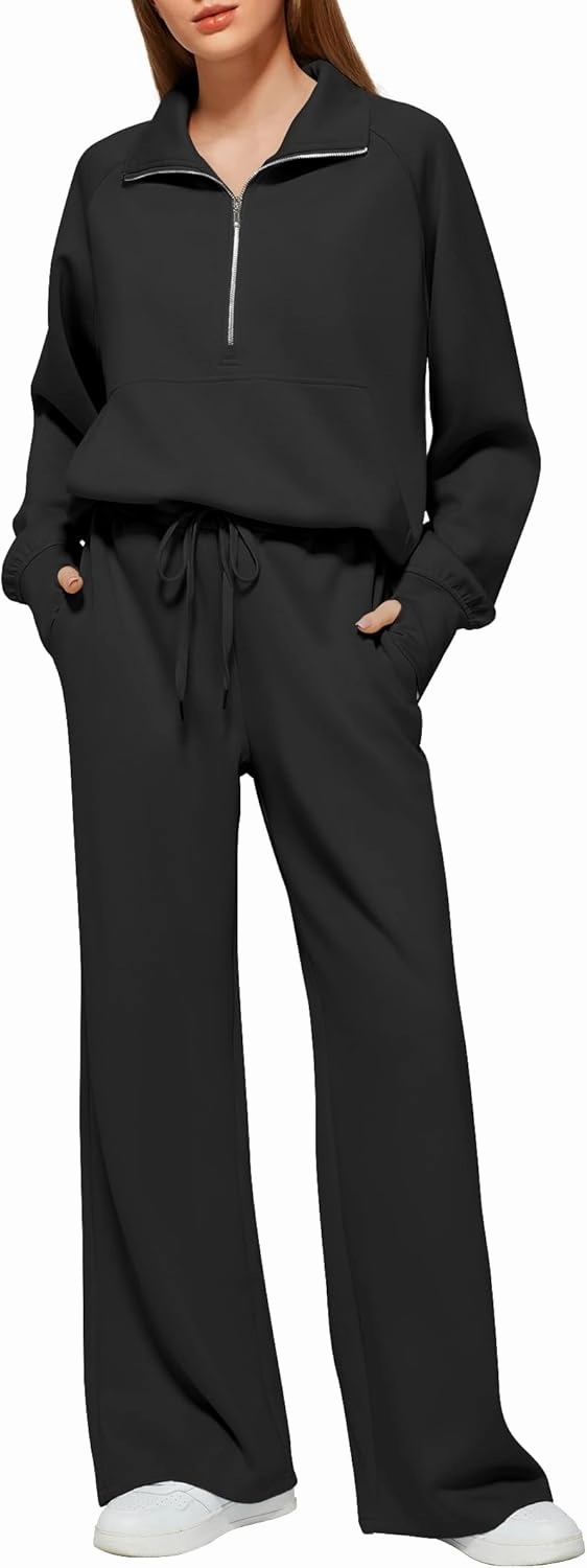Women's 2 Piece Outfits Lounge Set 2025 Oversized Half Zip Sweatshirt Wide Leg Sweatpant Set Sweatsuit Tracksuit