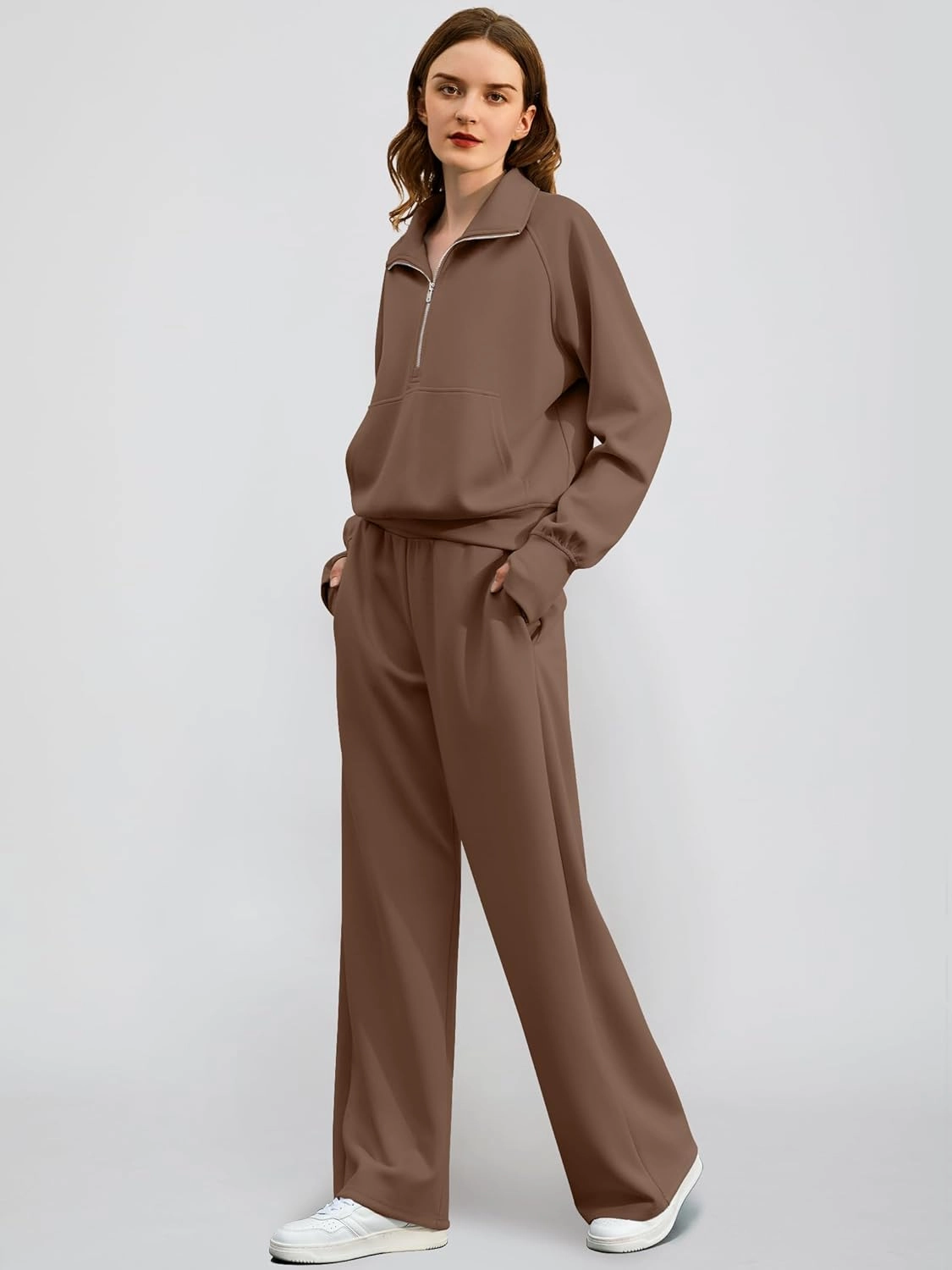 Women's 2 Piece Outfits Lounge Set 2025 Oversized Half Zip Sweatshirt Wide Leg Sweatpant Set Sweatsuit Tracksuit