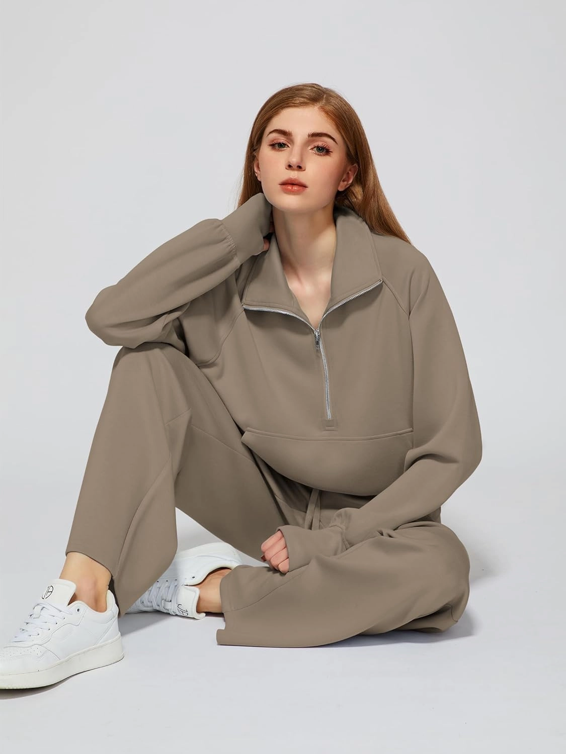 Women's 2 Piece Outfits Lounge Set 2025 Oversized Half Zip Sweatshirt Wide Leg Sweatpant Set Sweatsuit Tracksuit