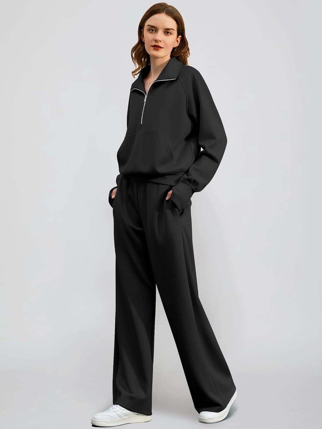 Women's 2 Piece Outfits Lounge Set 2025 Oversized Half Zip Sweatshirt Wide Leg Sweatpant Set Sweatsuit Tracksuit