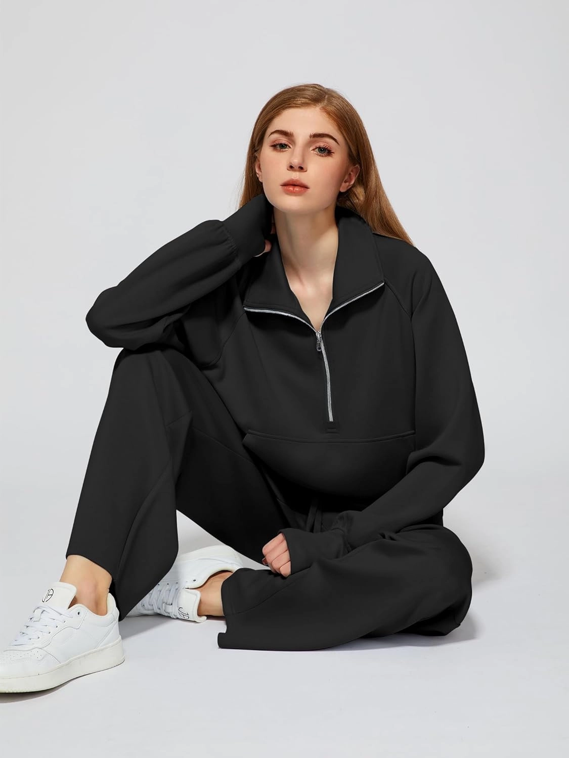 Women's 2 Piece Outfits Lounge Set 2025 Oversized Half Zip Sweatshirt Wide Leg Sweatpant Set Sweatsuit Tracksuit