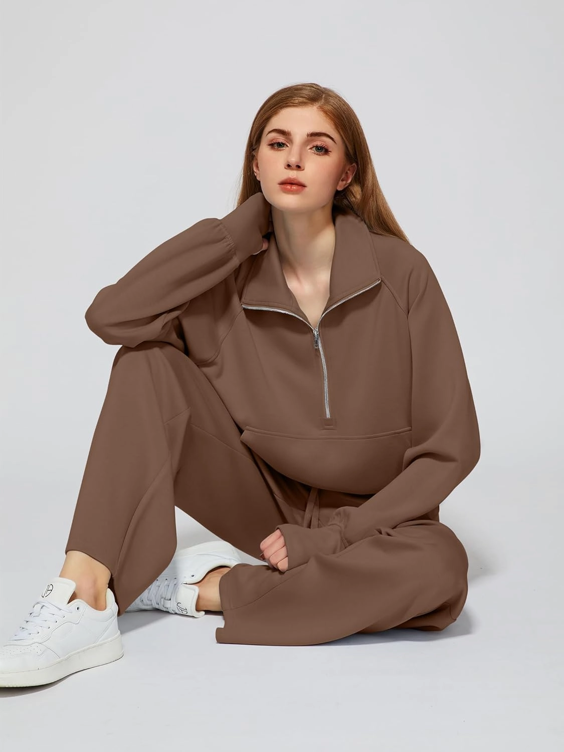Women's 2 Piece Outfits Lounge Set 2025 Oversized Half Zip Sweatshirt Wide Leg Sweatpant Set Sweatsuit Tracksuit