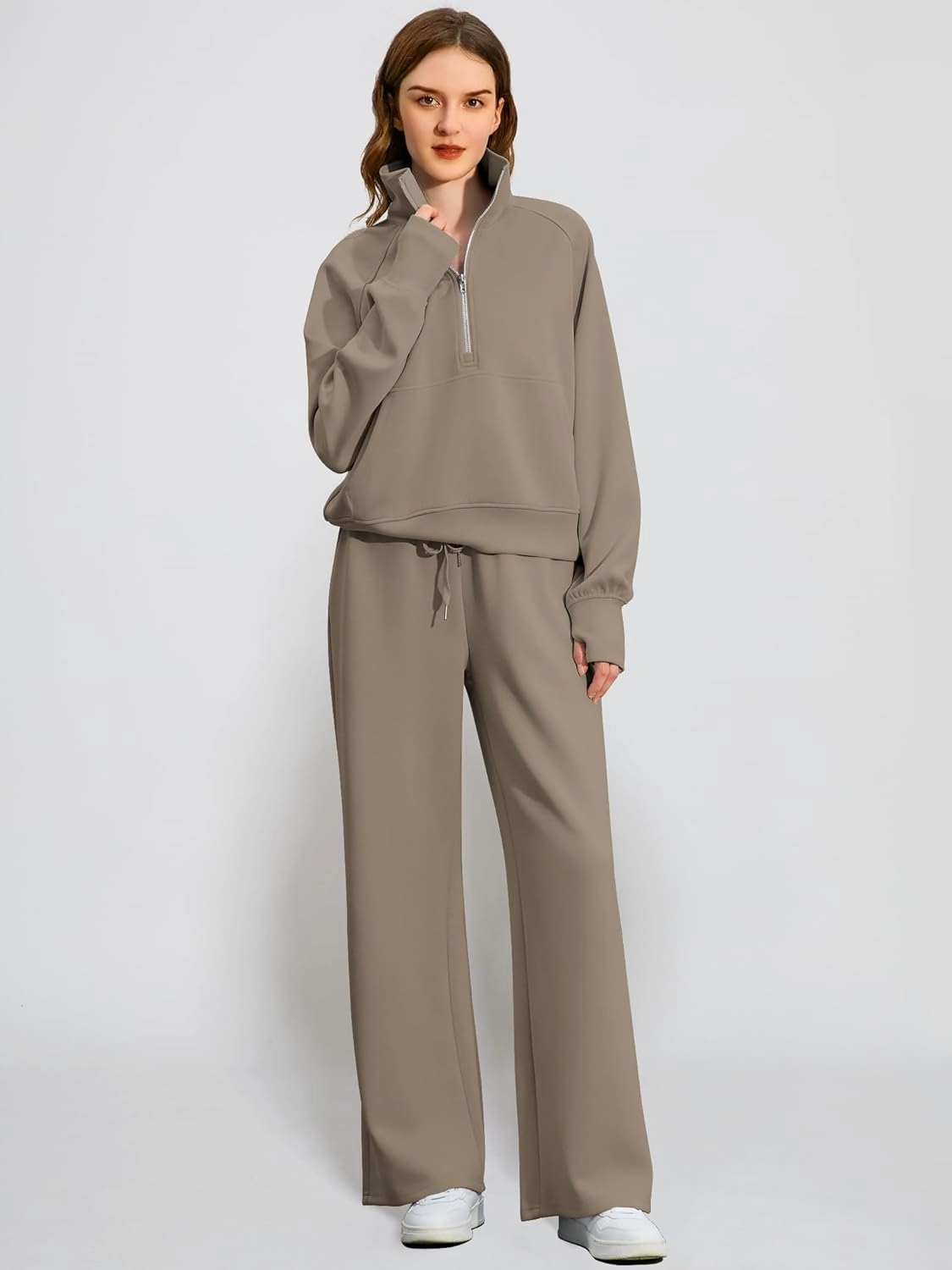 Women's 2 Piece Outfits Lounge Set 2025 Oversized Half Zip Sweatshirt Wide Leg Sweatpant Set Sweatsuit Tracksuit