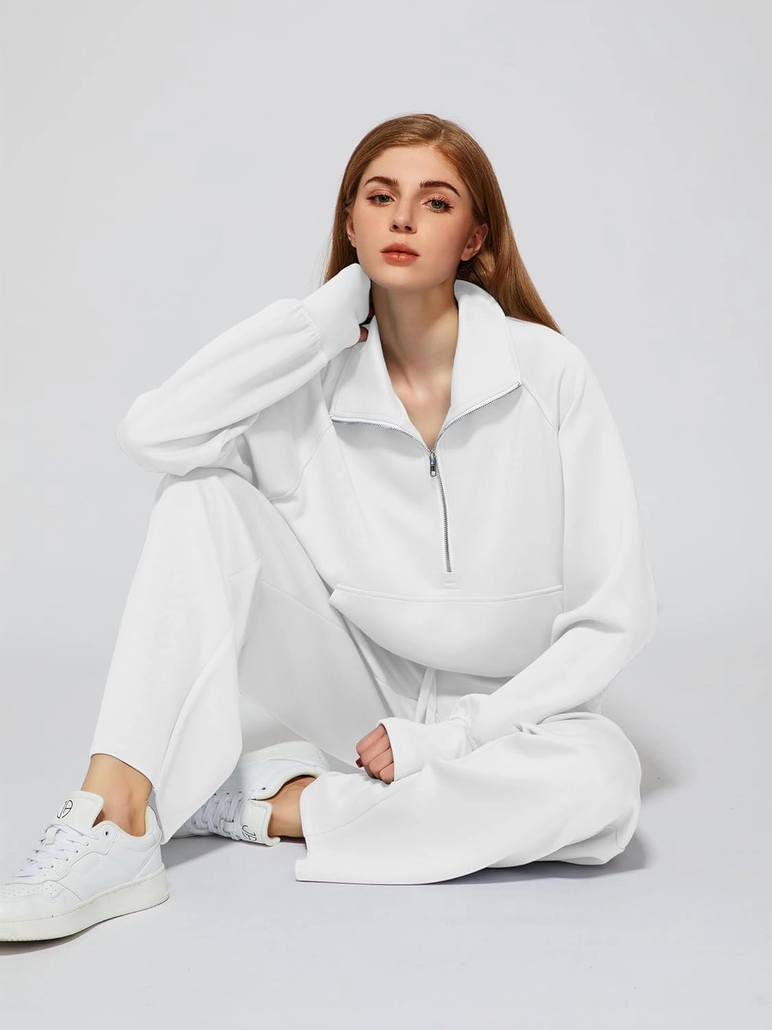 Women's 2 Piece Outfits Lounge Set 2025 Oversized Half Zip Sweatshirt Wide Leg Sweatpant Set Sweatsuit Tracksuit