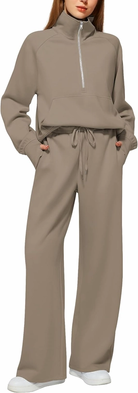 Women's 2 Piece Outfits Lounge Set 2025 Oversized Half Zip Sweatshirt Wide Leg Sweatpant Set Sweatsuit Tracksuit
