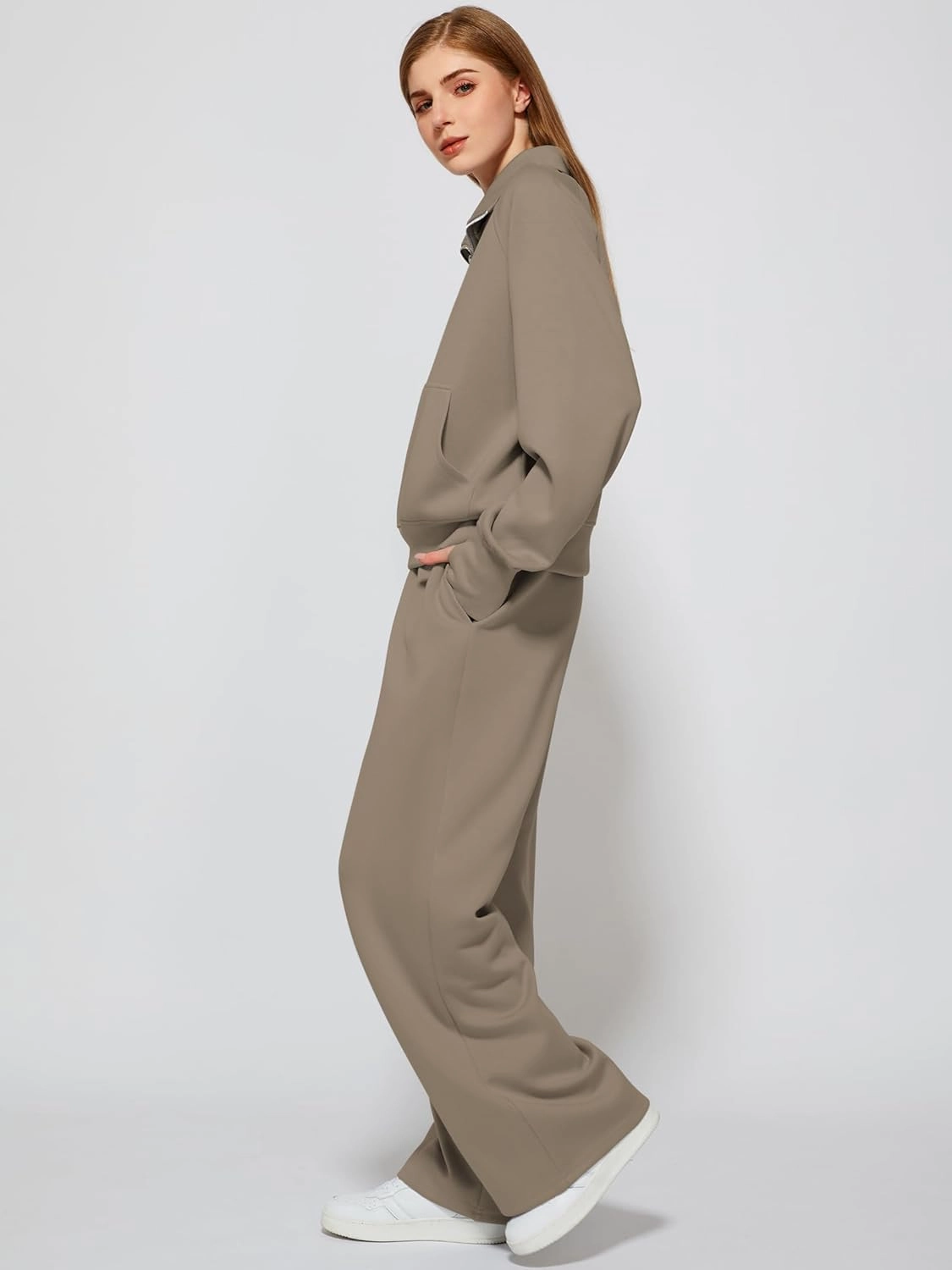 Women's 2 Piece Outfits Lounge Set 2025 Oversized Half Zip Sweatshirt Wide Leg Sweatpant Set Sweatsuit Tracksuit