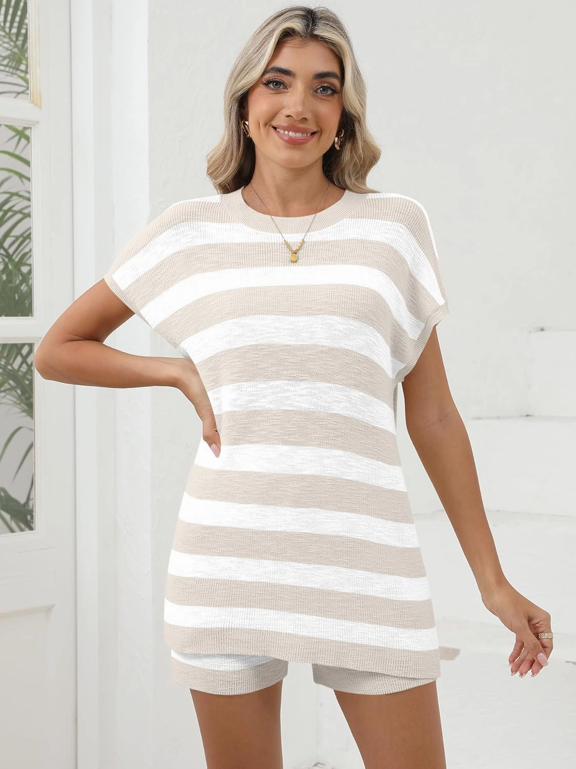 Women's 2 Piece Sweater Lounge Sets Striped Summer Sleeveless Top Matching Pajama Shorts Set