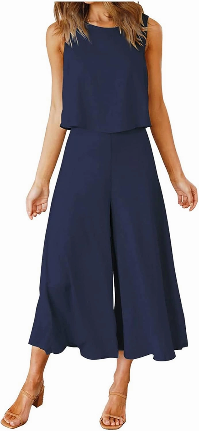 Women's Summer 2 Piece Outfits Sleeveless Crop Top Flowy Wide Leg Capri Pants Matching Sets Vacation Travel Clothes