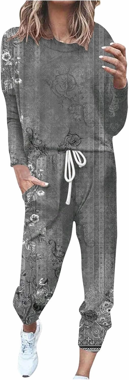 Women Sweatsuits 2 Piece Sleeve Crewneck Pullover Tops and Long Pants Tracksuit Sweatsuits with Dressy Sets Outfits