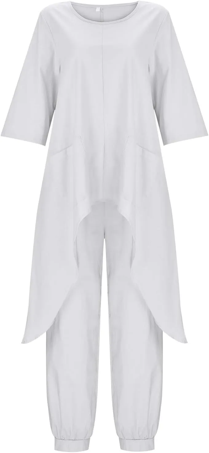 Women's 2 Piece Outfits Linen Short Sleeve Top and Wide Leg Pants Lounge Matching Tracksuits Trendy Clothes