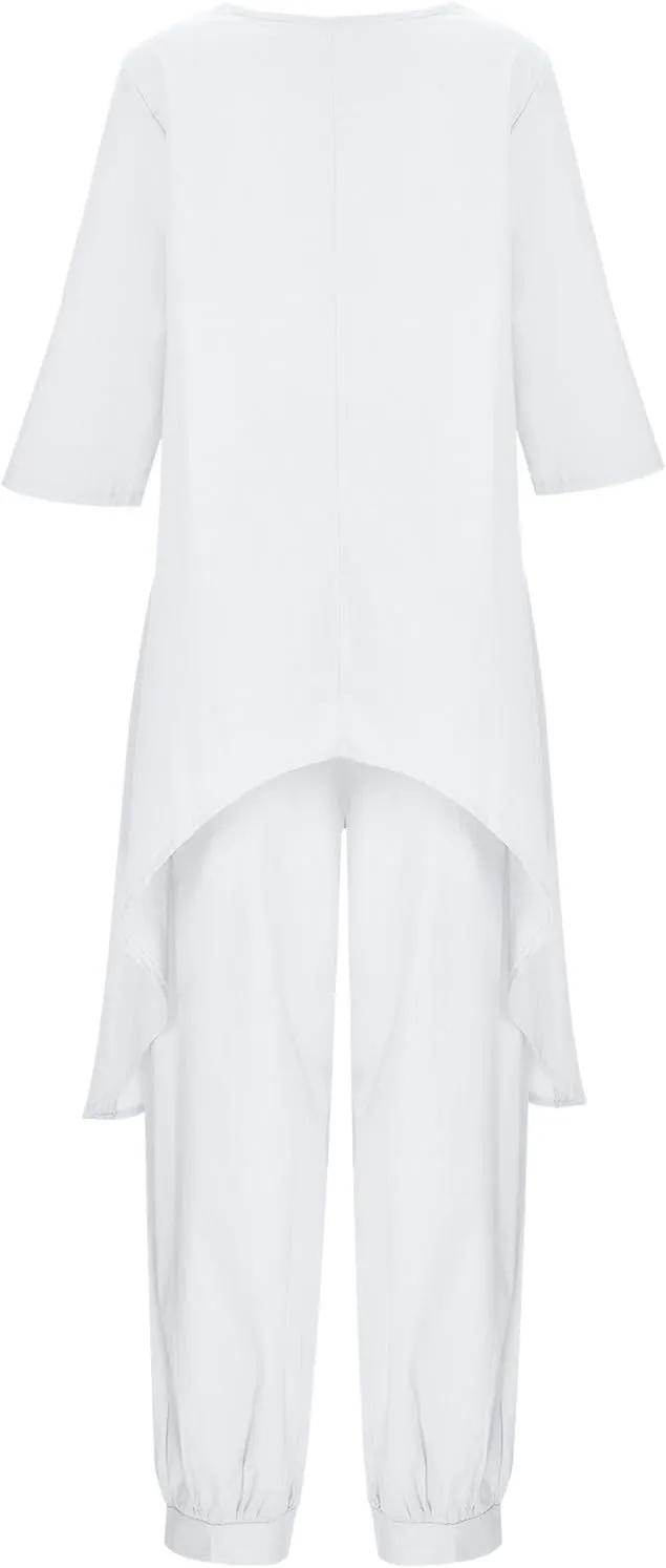 Women's 2 Piece Outfits Linen Short Sleeve Top and Wide Leg Pants Lounge Matching Tracksuits Trendy Clothes