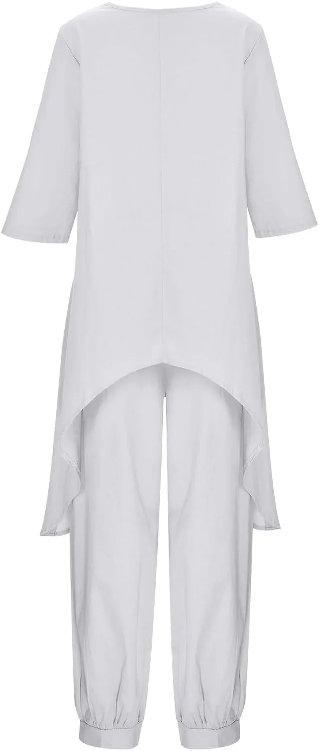 Women's 2 Piece Outfits Linen Short Sleeve Top and Wide Leg Pants Lounge Matching Tracksuits Trendy Clothes