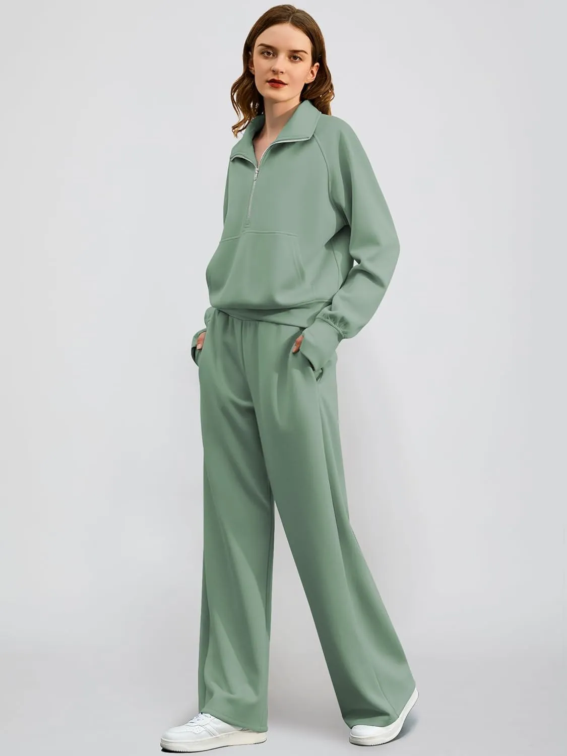 Women's 2 Piece Outfits Lounge Set 2025 Oversized Half Zip Sweatshirt Wide Leg Sweatpant Set Sweatsuit Tracksuit
